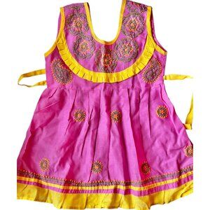 Girl’s Toddler Size 5 Hand Embroidered Pink and Yellow Dress Pleated